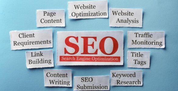 Comprehensive SEO guide illustration showing website optimization, keyword research, and Google ranking growth