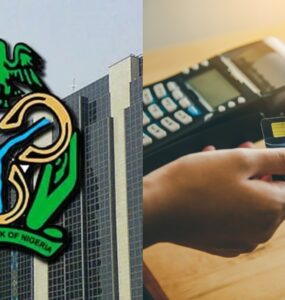 POS agent using a card machine with text "CBN agent banking rules Nigeria" overlay