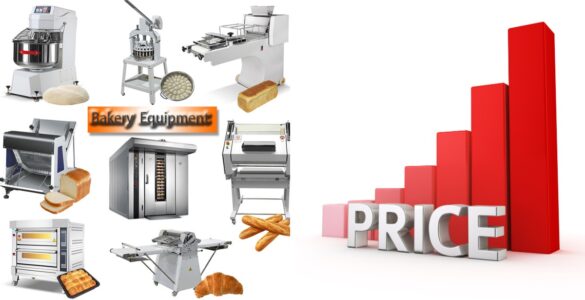 Bakery equipment prices in Nigeria showing commercial oven, dough mixer, baking trays, and bread slicer used in small bakeries.