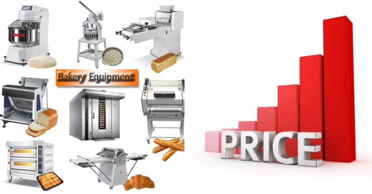 Bakery equipment prices in Nigeria showing commercial oven, dough mixer, baking trays, and bread slicer used in small bakeries.
