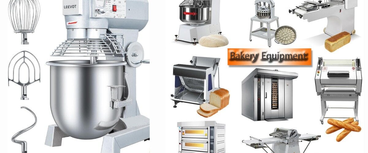 Essential bakery equipment for small bakery business in Nigeria including oven, mixer, trays, and baking tools