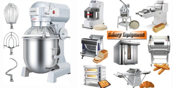 Essential bakery equipment for small bakery business in Nigeria including oven, mixer, trays, and baking tools